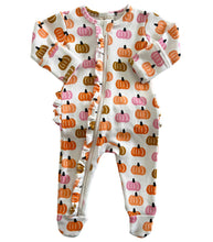 Load image into Gallery viewer, Pink Pumpkin Patch Frill Zip Footie
