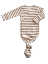 Load image into Gallery viewer, Tan Stripe Ribbed Kimono Knot Baby Gown
