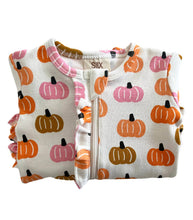 Load image into Gallery viewer, Pink Pumpkin Patch Frill Zip Footie
