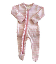 Load image into Gallery viewer, Pink Stripe Ribbed Frill Zip Footie
