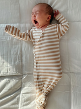 Load image into Gallery viewer, Tan Stripe Ribbed Kimono Knot Baby Gown
