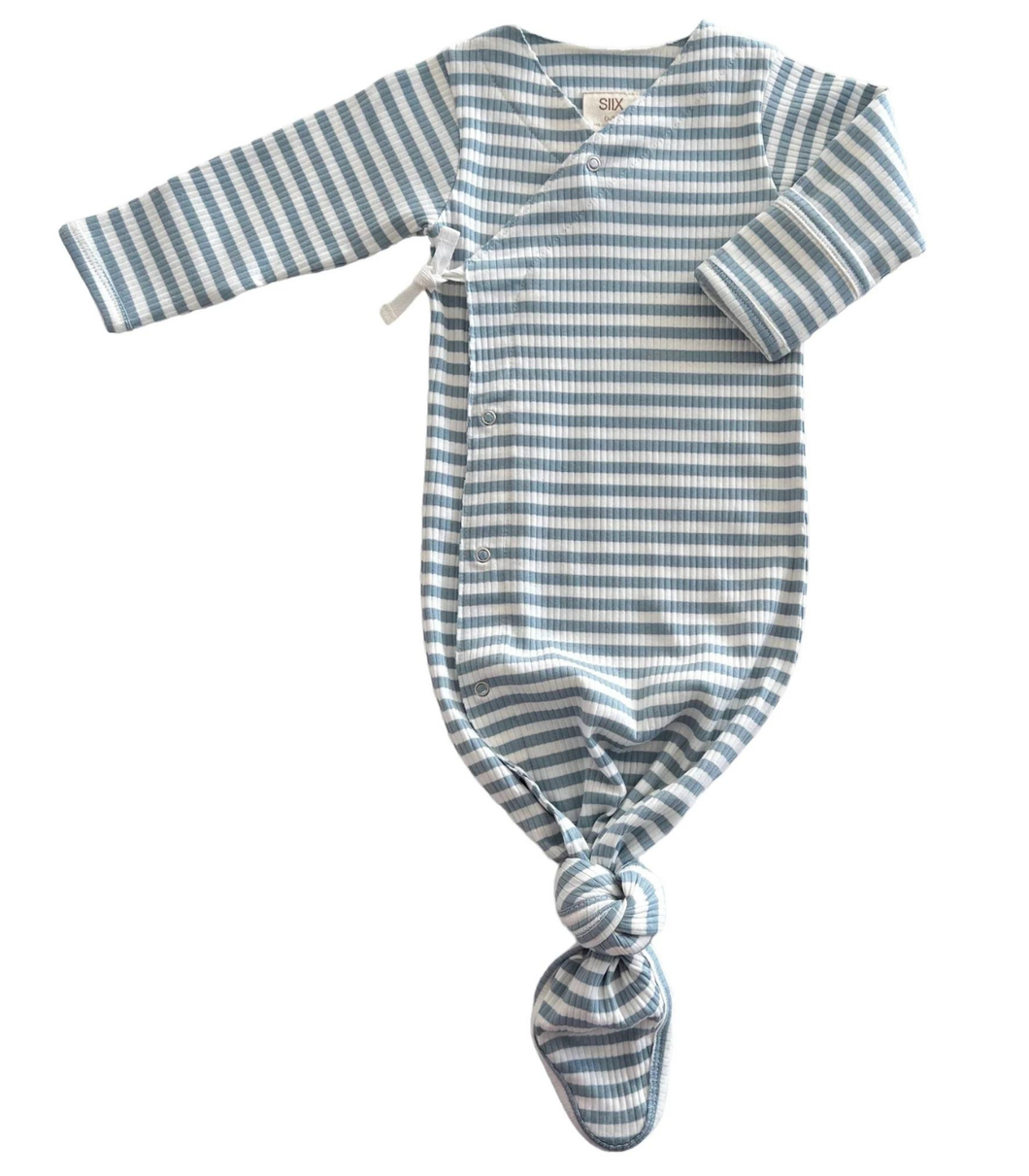 Dusty Blue Stripe Ribbed Kimono Knot Baby Gown