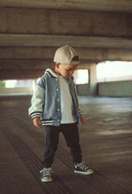 Load image into Gallery viewer, Toddler Hooded Varsity Bomber
