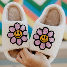 Load image into Gallery viewer, Lavender Daisy Happy Face Open Toed Slippers
