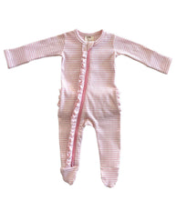 Load image into Gallery viewer, Pink Stripe Ribbed Frill Zip Footie
