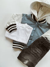 Load image into Gallery viewer, Toddler Hooded Varsity Bomber
