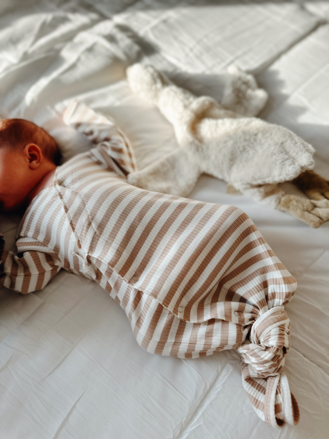 Tan Stripe Ribbed Kimono Knot Baby Gown