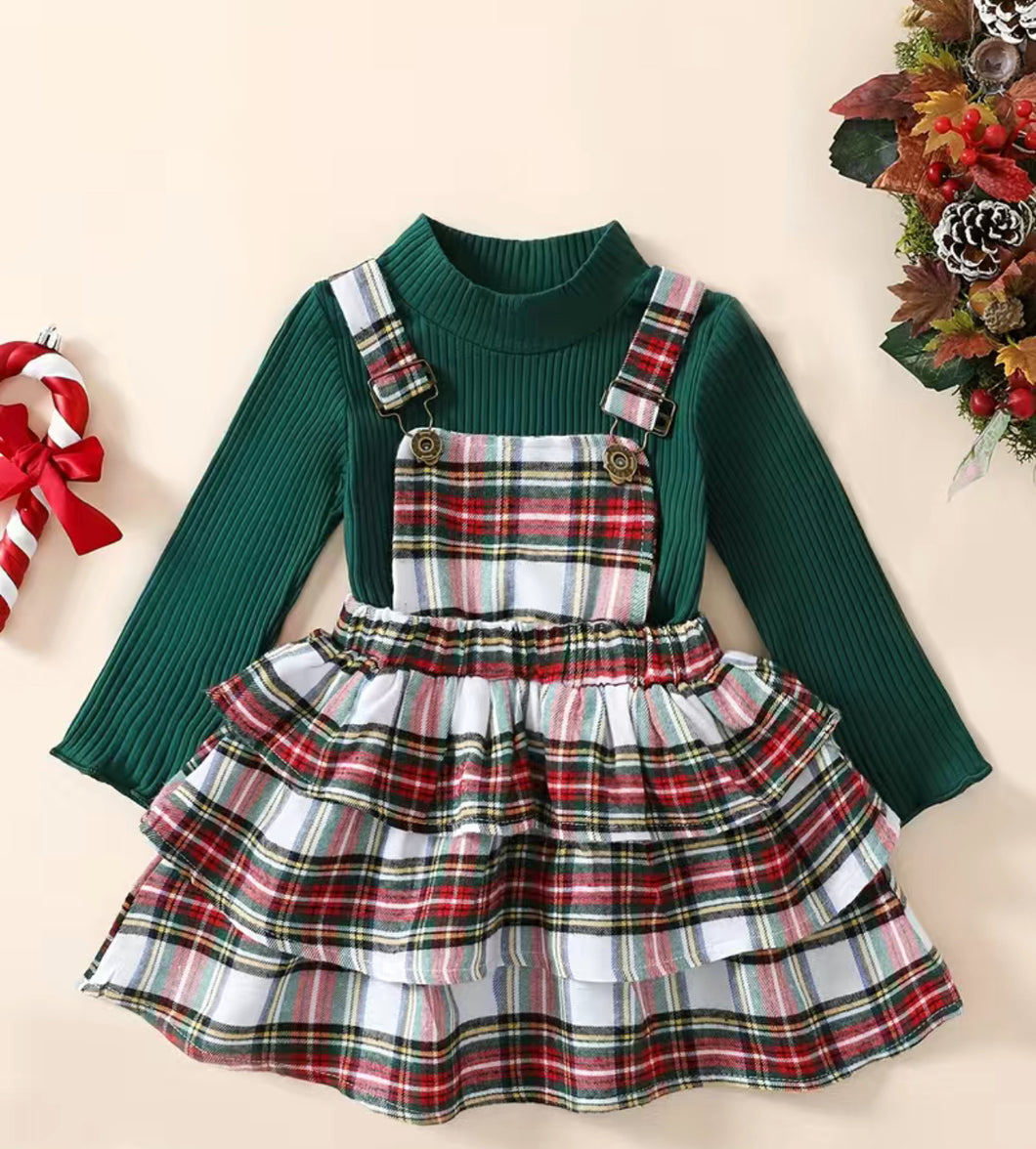 Girls Holiday Plaid Overall Dress Set